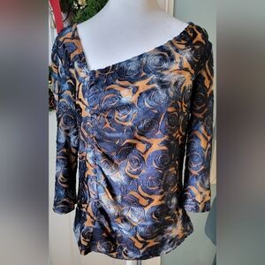 Y2K Tribal Semi Sheer Velvet Blouse Womens L Blue Tan Roses Ruched Asymentic Nec